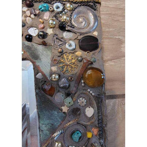 Mixed Media Steampink Mirror Wall Art, Coins, Beads, Pottery Copper Nailed Trim - Picture 4 of 10
